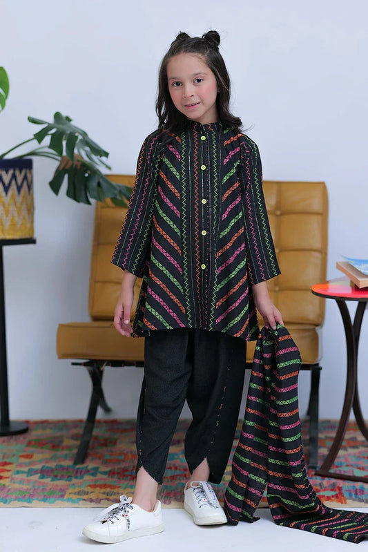 KAD-02828 | Black & Multicolor | Casual 3 Piece Suit | Karandi Fabric Dobby Jacquard