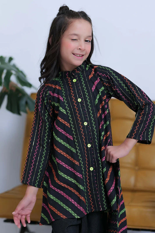 KAD-02828 | Black & Multicolor | Casual 3 Piece Suit | Karandi Fabric Dobby Jacquard