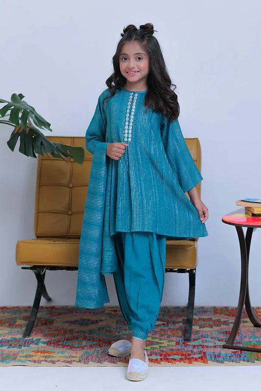KAD-02829 | Turquoise Green & Silver | Casual 3 Piece Suit | Karandi Fabric Dobby Jacquard