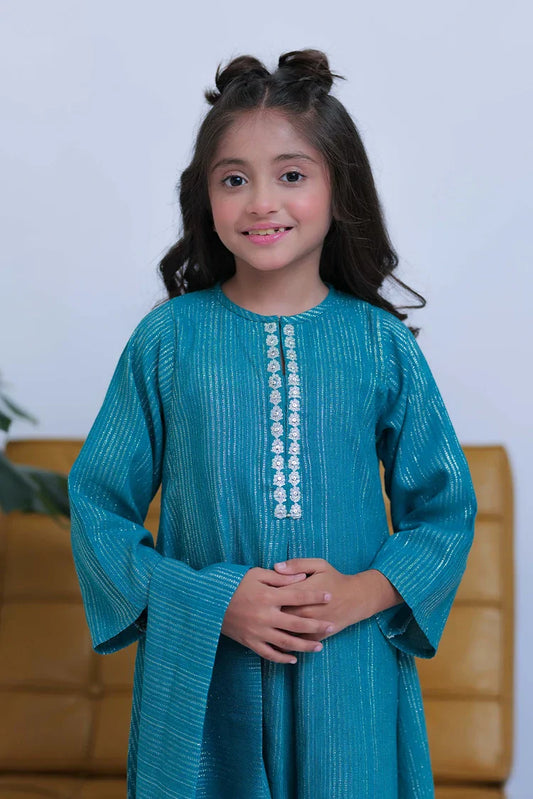 KAD-02829 | Turquoise Green & Silver | Casual 3 Piece Suit | Karandi Fabric Dobby Jacquard