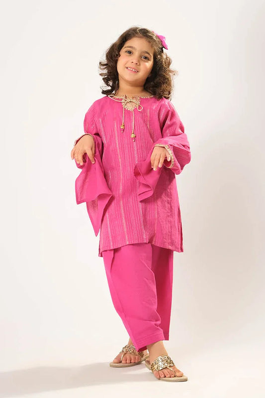 Kids winter clothes | Shocking Pink & Gold | Casual 3 Piece Suit | Cotton Karandi Dobby | KAD-03218