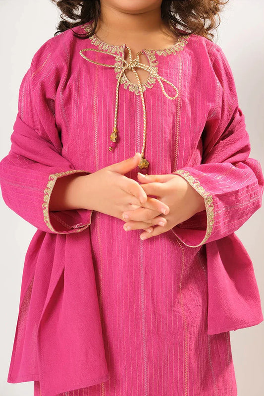 Kids winter clothes | Shocking Pink & Gold | Casual 3 Piece Suit | Cotton Karandi Dobby | KAD-03218