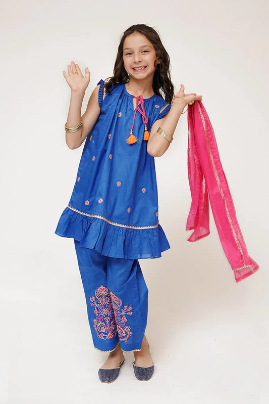 Senorita - Kids Casual Dress - Blue & Multicolor - Casual 3 Piece Suit - KAD-03424