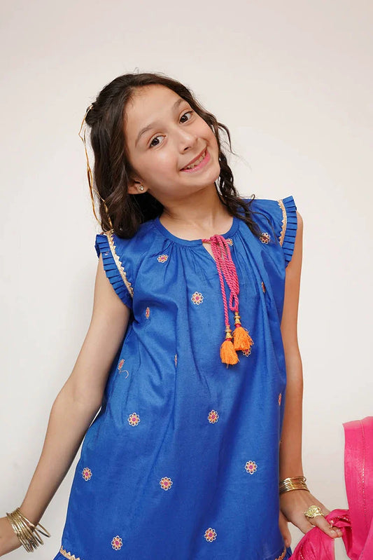 Senorita - Kids Casual Dress - Blue & Multicolor - Casual 3 Piece Suit - KAD-03424