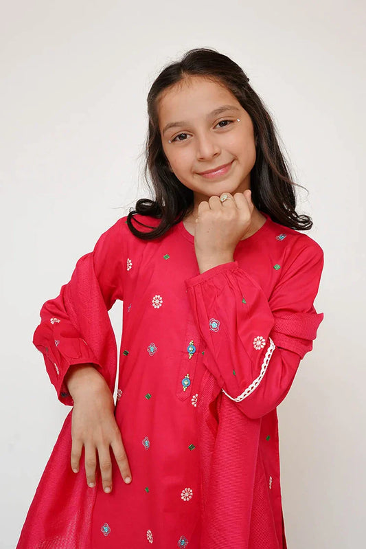 Senorita - Kids Casual Dress - Shocking Pink & Multicolor - Casual 3 Piece Suit - KAD-03426
