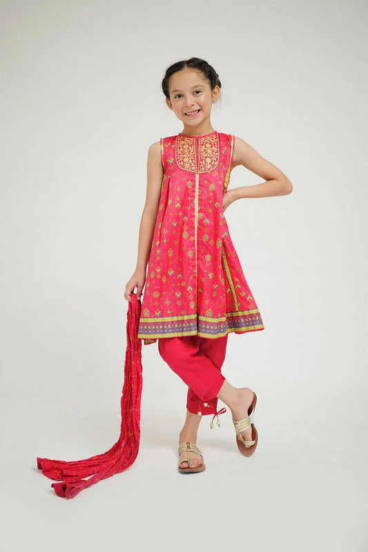 Senorita - KBD-02672 - Shocking Pink & Gold - Casual Plus 3 Piece Suit - Cotton Gold Print Lawn