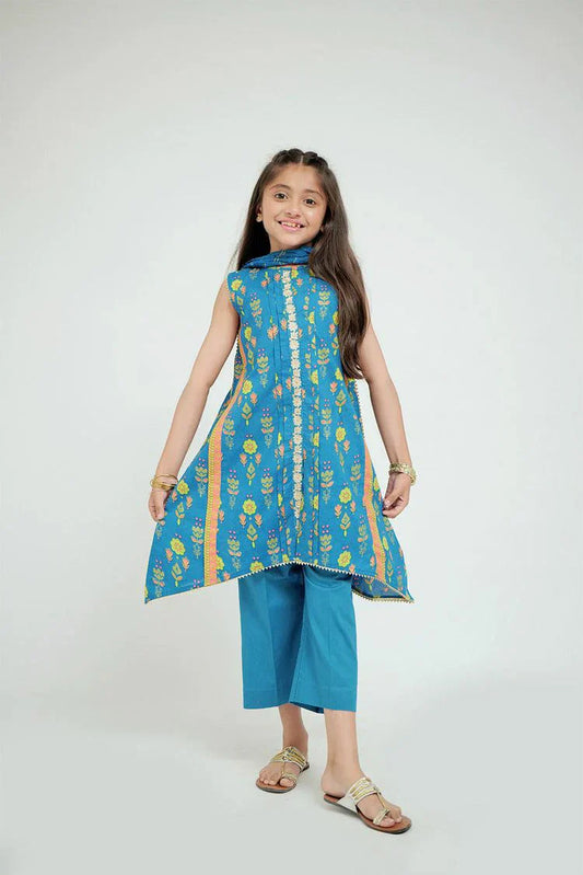 Senorita - KBD-02694 - Light Blue Multicolor - Casual Plus 3 Piece Suit - Cotton Gold Print Lawn