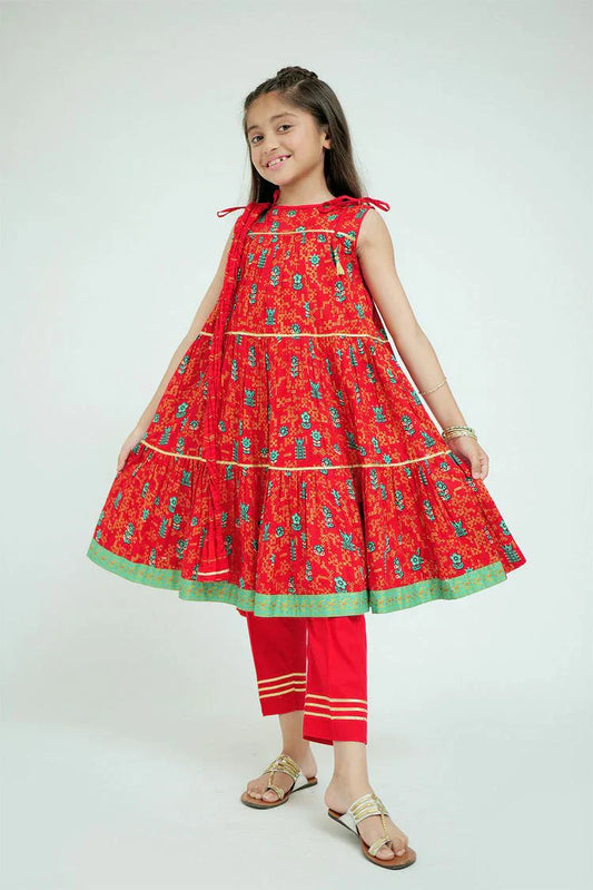 Senorita - KBD-02706 - Red & Multicolor - Casual Plus 3 Piece Suit - Cotton Gold Print Lawn