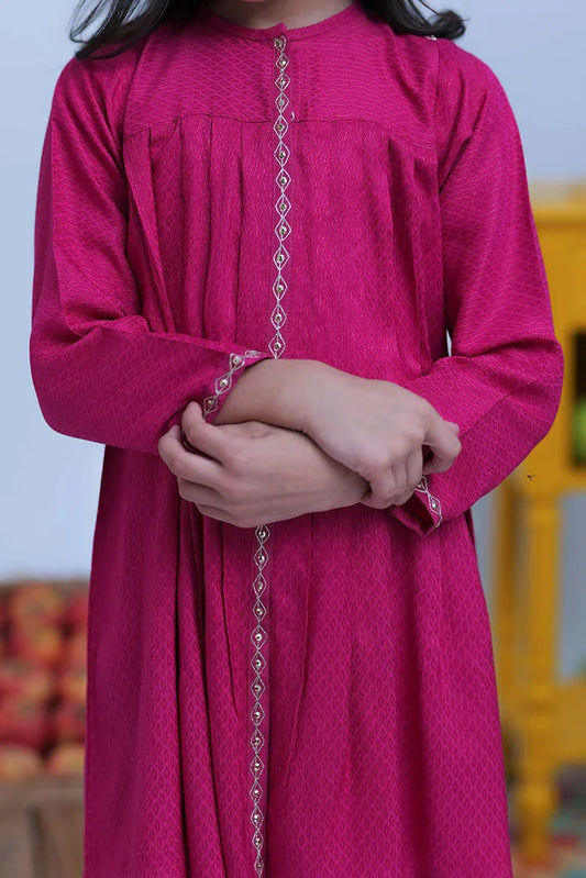 KBD-02821 | Shocking Pink & Gold | Casual Plus 3 Piece Suit | Viscose Self Dobby