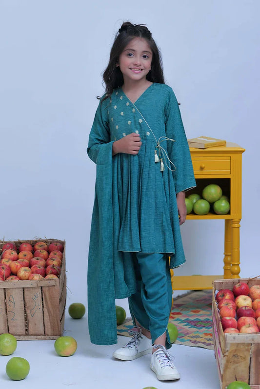 KBD-02826 | Turquoise Green & Gold | Casual Plus 3 Piece Suit | Viscose Self Dobby