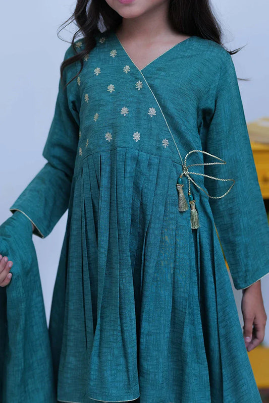 KBD-02826 | Turquoise Green & Gold | Casual Plus 3 Piece Suit | Viscose Self Dobby