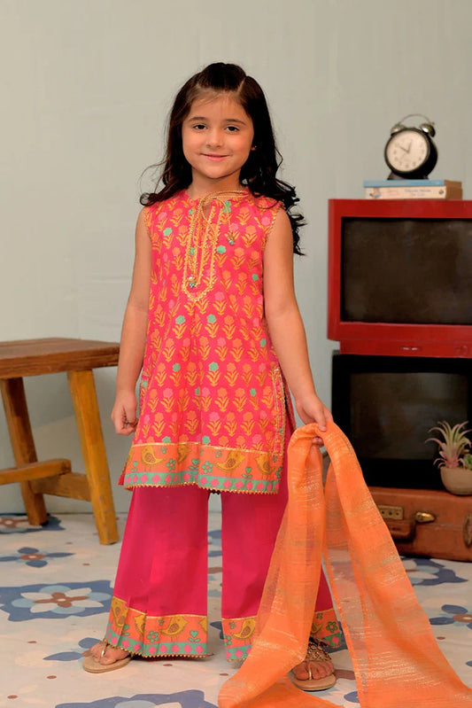 Picture of KBD-02921 | Shocking Pink & Multicolor | Casual Plus 3 Piece Suit | Cotton Lawn Gold Printed - Available at Raja Sahib