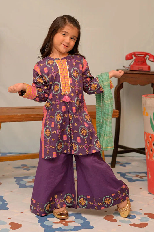 Picture of <!--awv-->KBD-02939 | Purple & Multicolor | Casual Plus 3 Piece Suit | Cotton Gold Printed - Available at Raja Sahib
