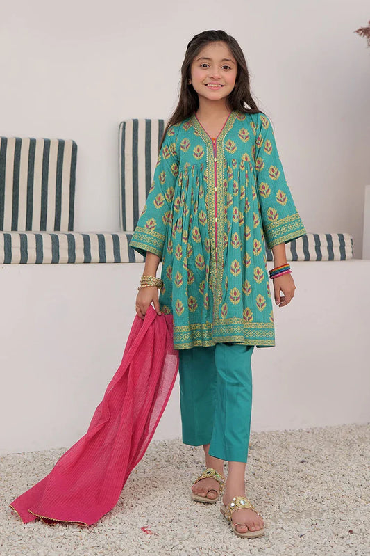 Picture of <!--aos-->KBD-03000 | Turquoise Green & Multicolor | Casual Plus 3 Piece Suit | Cotton Dobby Dye over Gold Print - Available at Raja Sahib