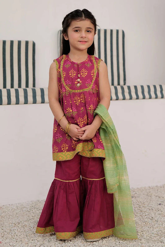 Picture of <!--aor-->KBD-03001 | Magenta & Multicolor | Casual Plus 3 Piece Suit | Cotton Dobby Dye over Gold Print - Available at Raja Sahib