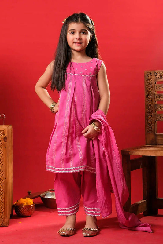 KBD-03313 | Shocking Pink & Multicolor | Casual Plus 3 Piece Suit | Cotton Dobby