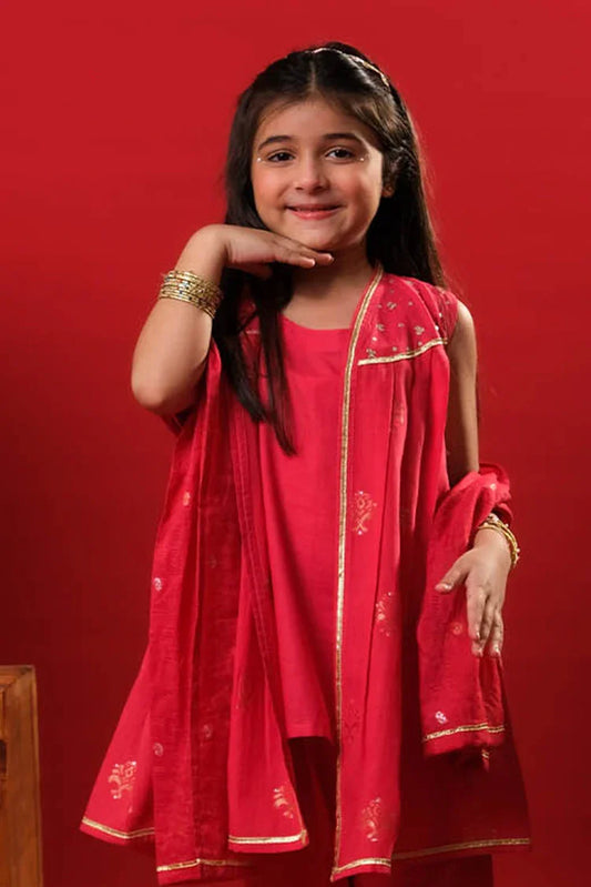 Senorita - Kids Eid Dress - Red & Gold - Casual Plus 3 Piece Suit - KBD-03327