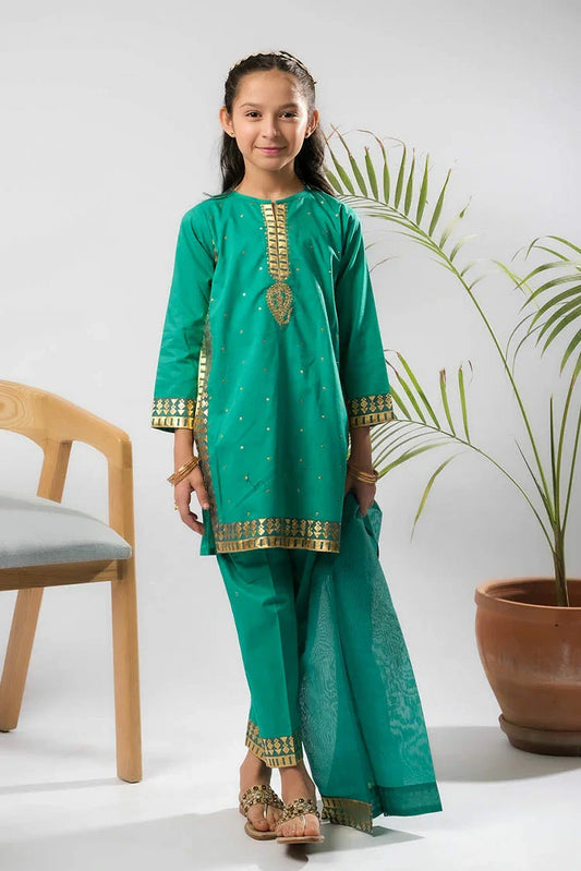 Senorita - Turquoise Green & Gold - Casual Plus 3 Piece Suit - Cotton Gold Foil Printed - KBD-03368