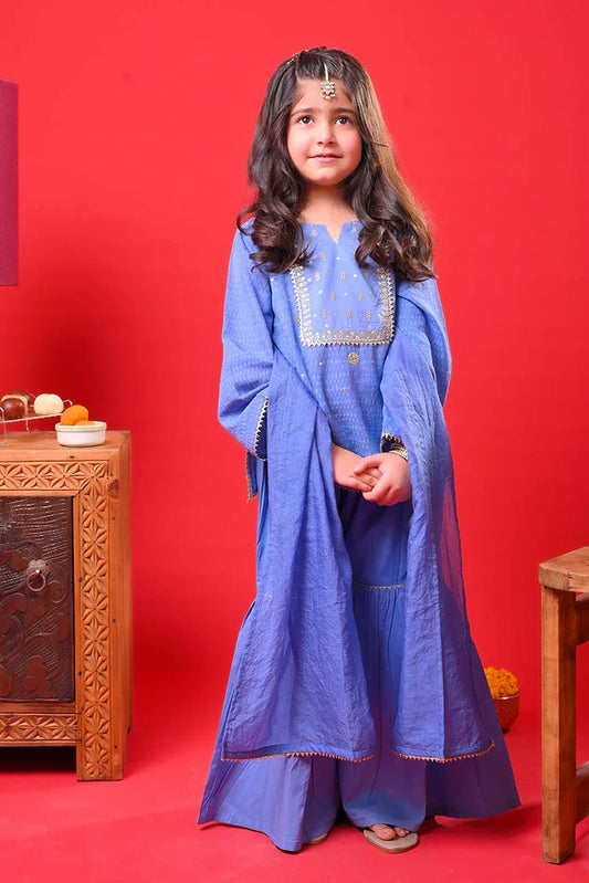 Senorita - Kids Eid Dress - Blue & Gold - Casual Plus 3 Piece Suit - KBD-03371
