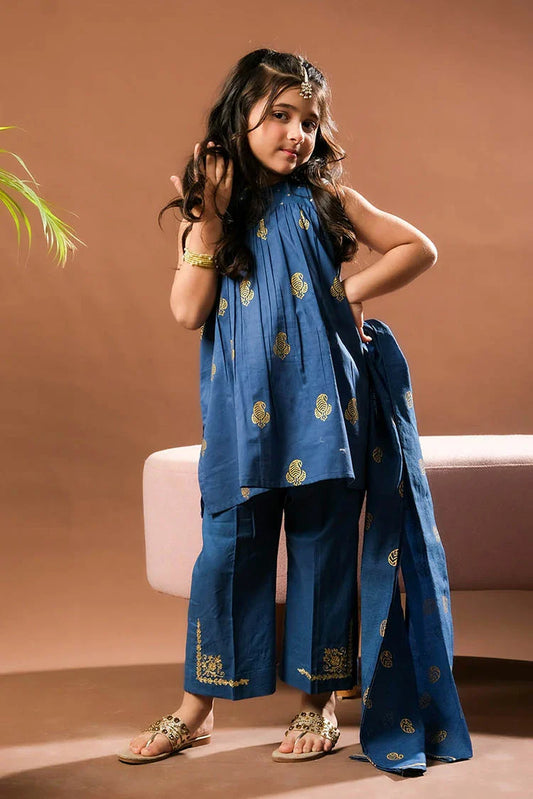 KBD-03388 | Blue & Gold | Casual Plus 3 Piece Suit | Cotton Glitter Printed