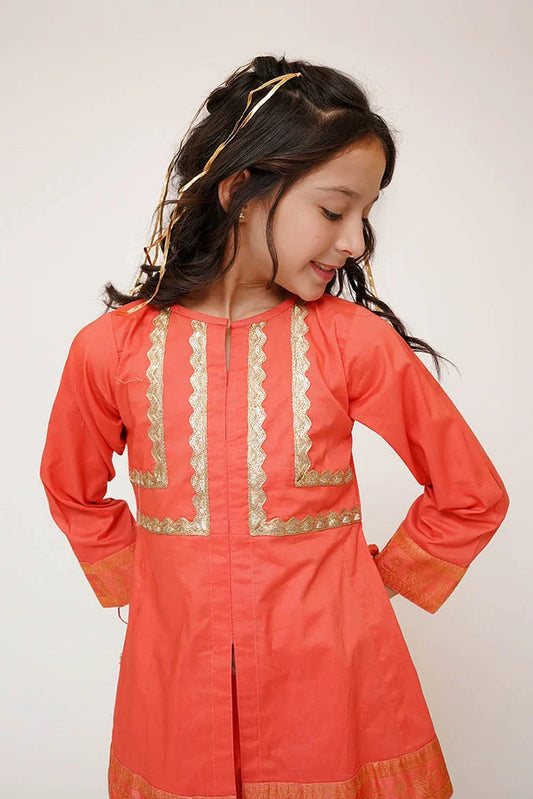 Senorita - Kids Casual Dress - Casual Plus 3 Piece Suit - Cotton Plain with Banarsi Borders - KBD-03450