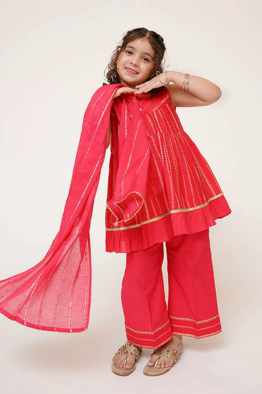 Senorita - Kids Eid Dress - Shocking Pink & Gold - Casual Plus 3 Piece Suit - KBD-03458