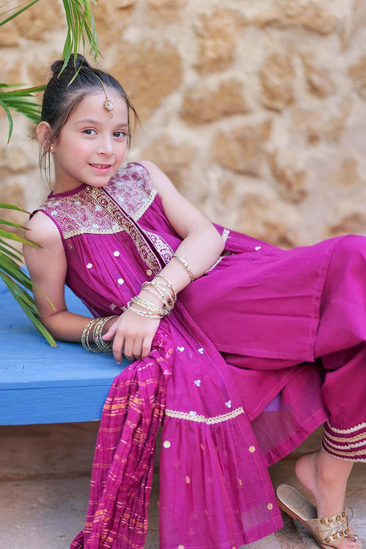 KDD-02759 | Magenta & Gold | Formal 3 Piece Suit | Bori Net Fancy Fabric