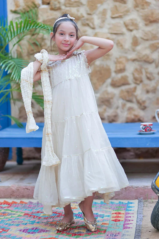 Picture of <!--bax-->KDD-02760 | Cream & Gold | Formal 3 Piece Suit | Bori Net Fancy Fabric - Available at Raja Sahib