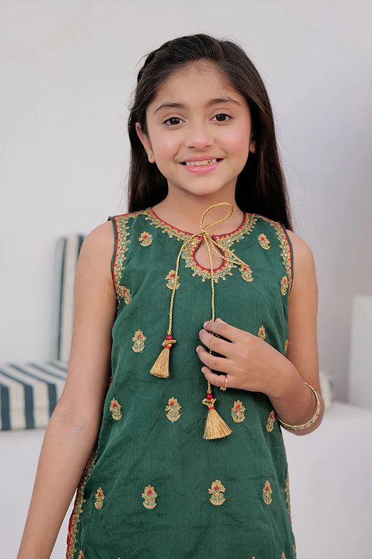 Kids formal clothes | Green & Multicolor | Formal 3 Piece Suit | Cotton Digital Print By Organza | KDD-02995