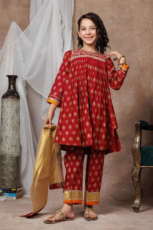 KDD-03016 | Maroon & Gold | Formal 3 Piece Suit | Viscose Chambray Silk