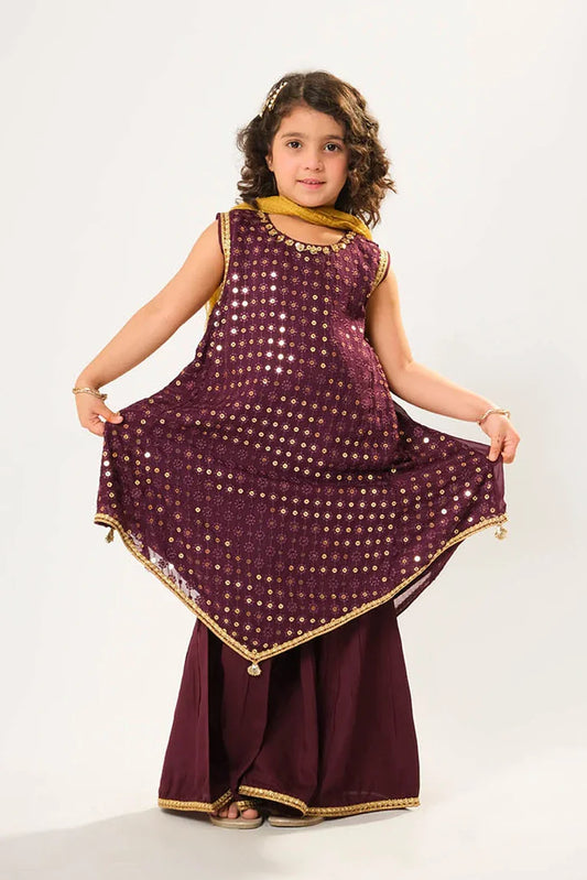 Kids formal clothes | Magenta & Gold | Formal 3 Piece Suit | Viscose Crinkle Chiffon | KDD-03049