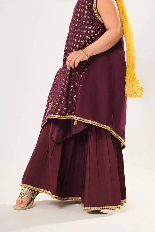 Kids formal clothes | Magenta & Gold | Formal 3 Piece Suit | Viscose Crinkle Chiffon | KDD-03049