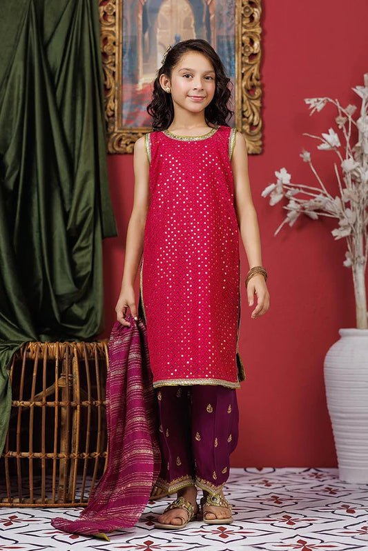 KDD-03050 | Shocking Pink & Pruple | Formal 3 Piece Suit | Viscose Crinkle Chiffon