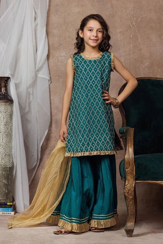 KDD-03053 | Turquoise Green & Golden | Formal 3 Piece Suit | Viscose Raw-Silk