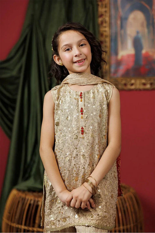 Kids formal clothes | Beige & Gold | Formal 3 Piece Suit | Polyester Shimmer Crinkle | KDD-03055