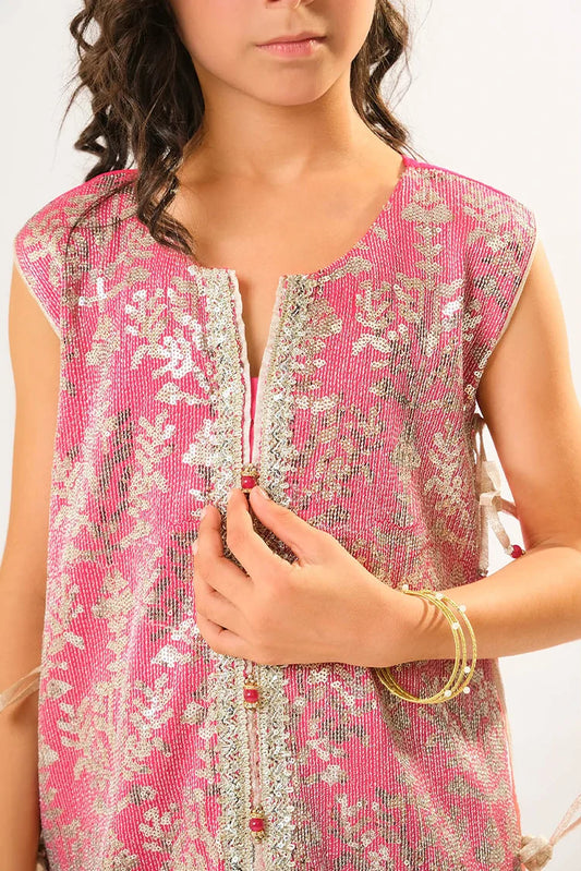 Kids formal clothes | Shocking Pink & Fawn | Formal 3 Piece Suit | Viscose Chiffon & Organza | KDD-03056