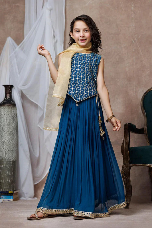 Kids formal clothes | Turquoise Blue & Golden | Formal 3 Piece Suit | Viscose Crinkle Chiffon | KDD-03065