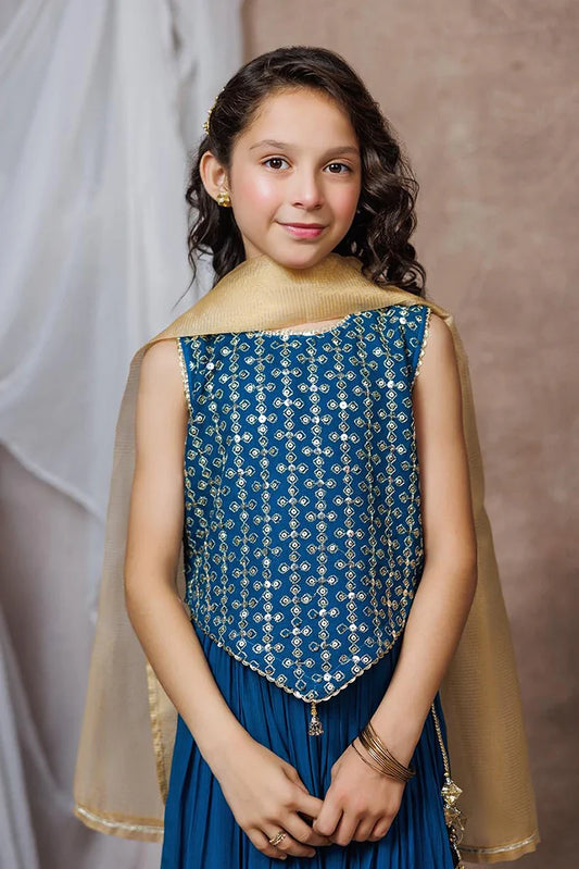 Kids formal clothes | Turquoise Blue & Golden | Formal 3 Piece Suit | Viscose Crinkle Chiffon | KDD-03065