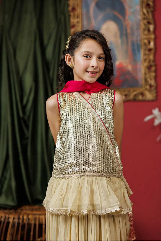 Kids formal clothes | Fawn & Shocking Pink | Formal 3 Piece Suit | Viscose Crinkle Chiffon | KDD-03066