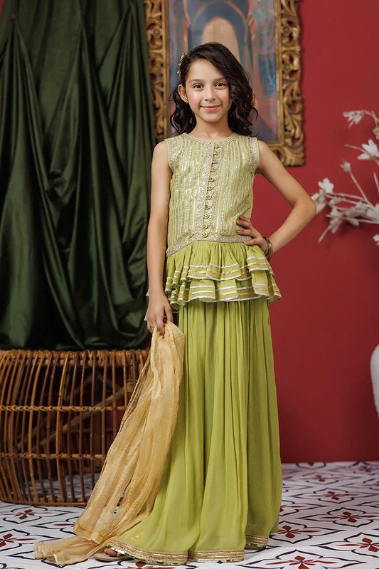 Kids formal clothes | Perot Green & Gold | Formal 3 Piece Suit | Viscose Crinkle Chiffon | KDD-03067