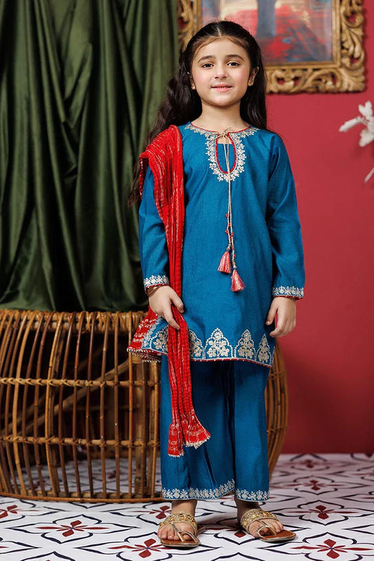 KDD-03071 | Turquoise Blue & Golden | Formal 3 Piece Suit | Viscose Chambray Katan