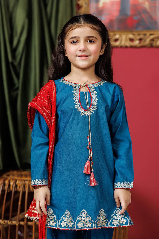 KDD-03071 | Turquoise Blue & Golden | Formal 3 Piece Suit | Viscose Chambray Katan