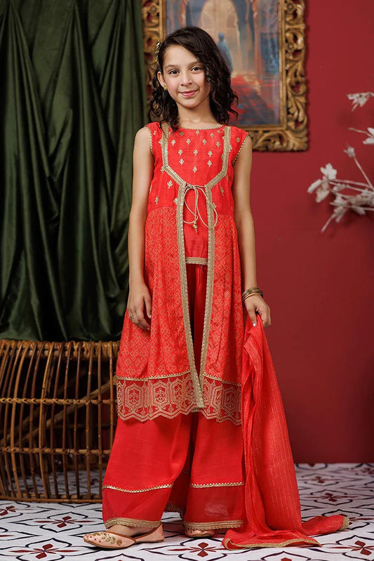 KDD-03072 | Dark Peach & Gold | Formal 3 Piece Suit | Viscose Raw-Silk