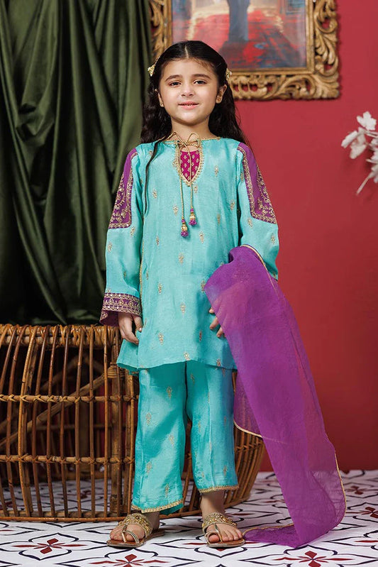 Kids formal clothes | Sea Green & Purple | Formal 3 Piece Suit | Viscose Raw-Silk | KDD-03073