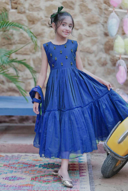 KDD-03097 | Navy Blue & Gold | Formal 3 Piece Suit | Viscose Chambray Katan