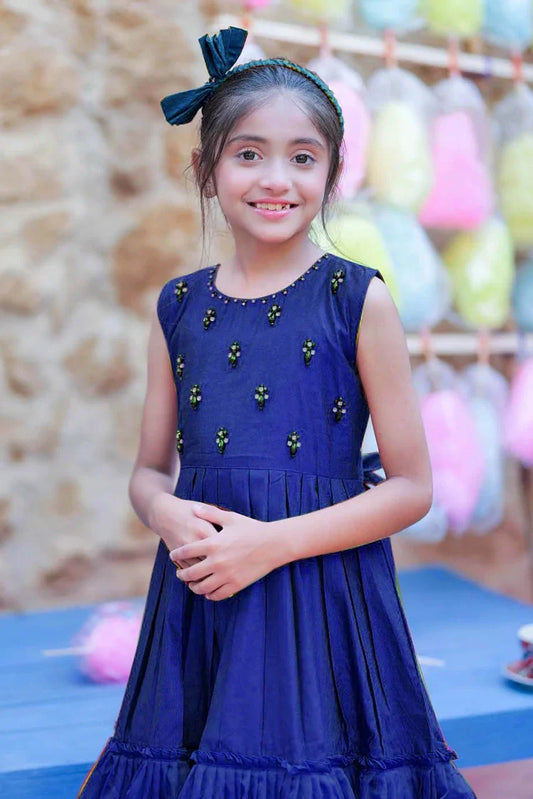 KDD-03097 | Navy Blue & Gold | Formal 3 Piece Suit | Viscose Chambray Katan