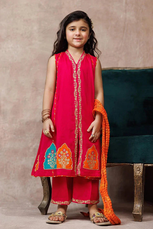 KDD-03107 | Shocking Pink & Multicolor | Formal 3 Piece Suit | Viscose Raw-Silk