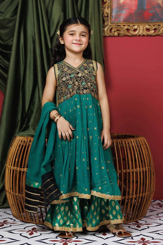 Kids formal clothes | Green & Multicolor | Formal 3 Piece Suit | Viscose Crinkle Chiffon | KDD-03108
