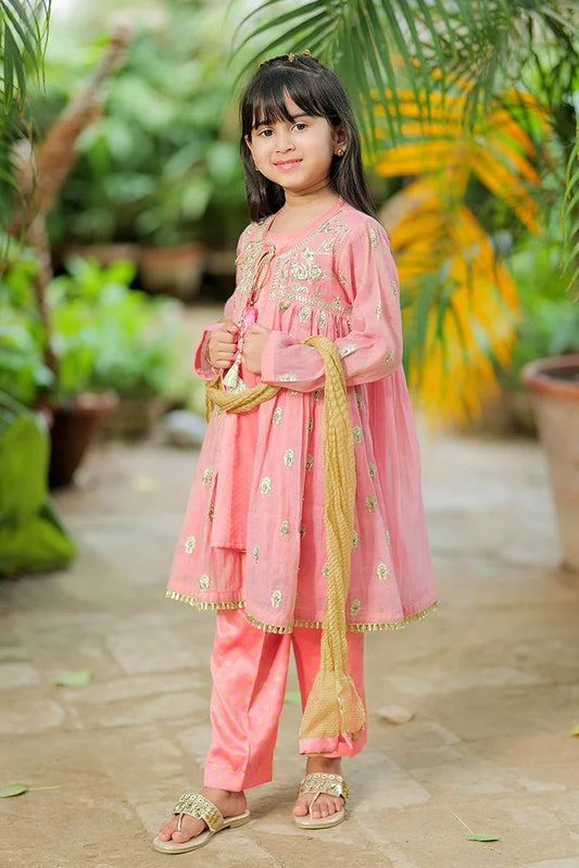 Kids formal clothes | Tea Pink & Gold | Formal 3 Piece Suit | Banarsi Masuri | KDD-03159