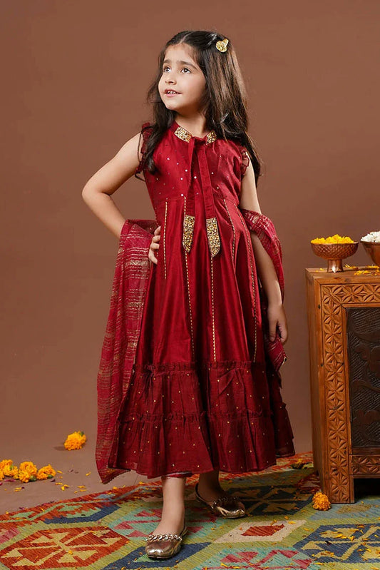 Senorita - Maroon & Gold - Formal 3 Piece Suit - Viscose Chambray Katan - KDD-03296